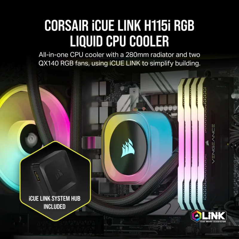 CORSAIR iCUE H115i RGB Liquid CPU Cooler - 280mm Radiator with QX140 RGB Fans