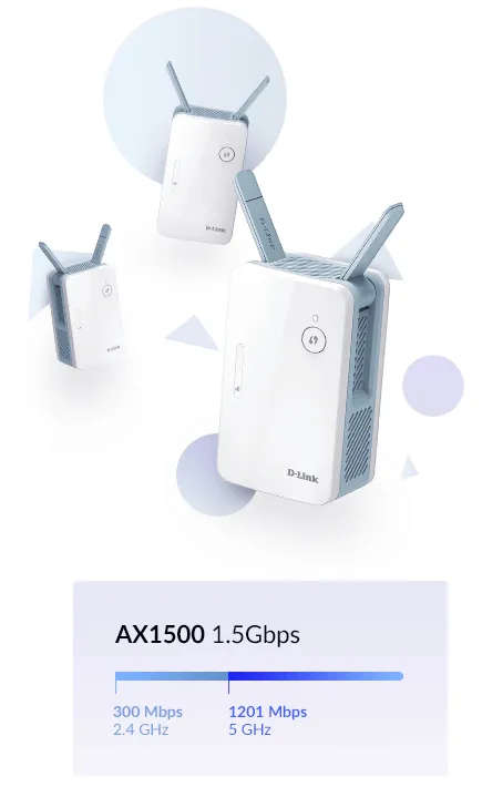 D-Link AX1500 Mesh Range Extender Dual-band 2x2 Wi-Fi 6; Up to 1200Mbps (5GHz) and 300Mbps (2.4GH...