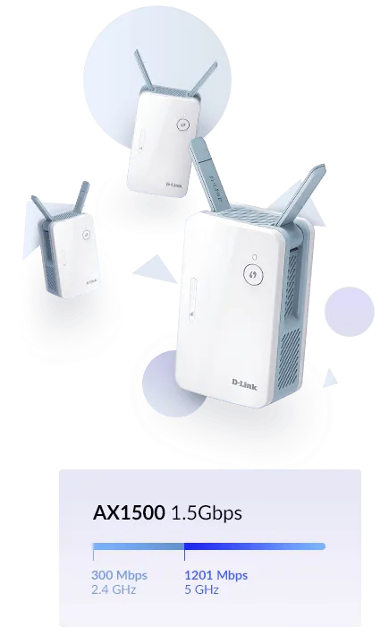 D-Link AX1500 Mesh Range Extender Dual-band 2x2 Wi-Fi 6; Up to 1200Mbps (5GHz) and 300Mbps (2.4GH...