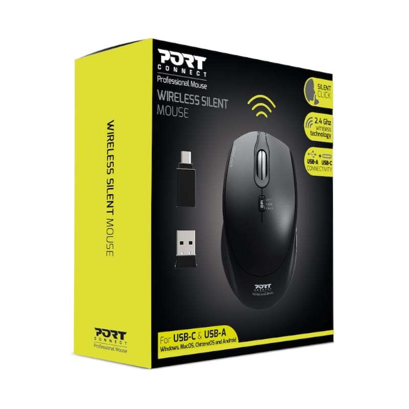 Port Wireless Silent Mouse - 3600DPI, 3 Button, USB and Type-C Dongle - Black