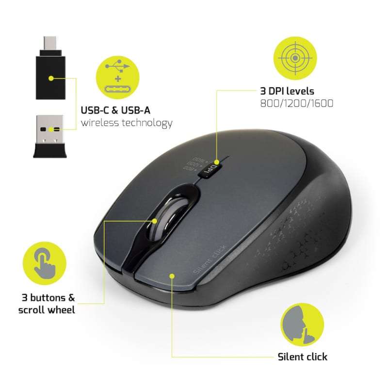 Port Wireless Silent Mouse - 3600DPI, 3 Button, USB and Type-C Dongle - Black