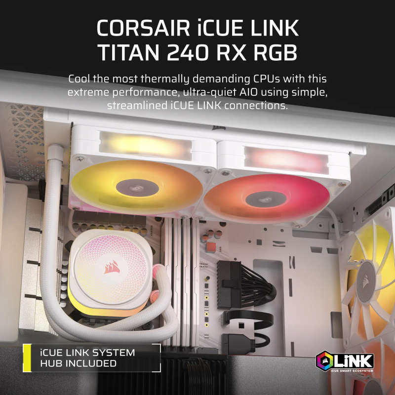 CORSAIR iCUE LINK TITAN 240 RX RGB Liquid CPU Cooler - White  RX120 RGB Fans  Fits Intel® ...