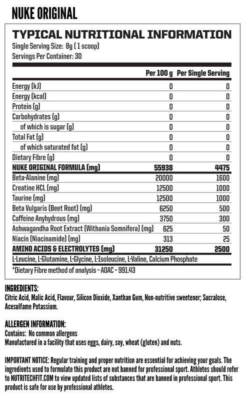 Nutritech Nuke Original 240g - Nutritional Information