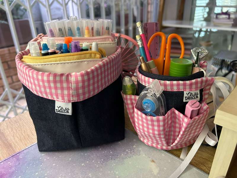 Denim Baskets - Medium - Bright Coloured Hearts