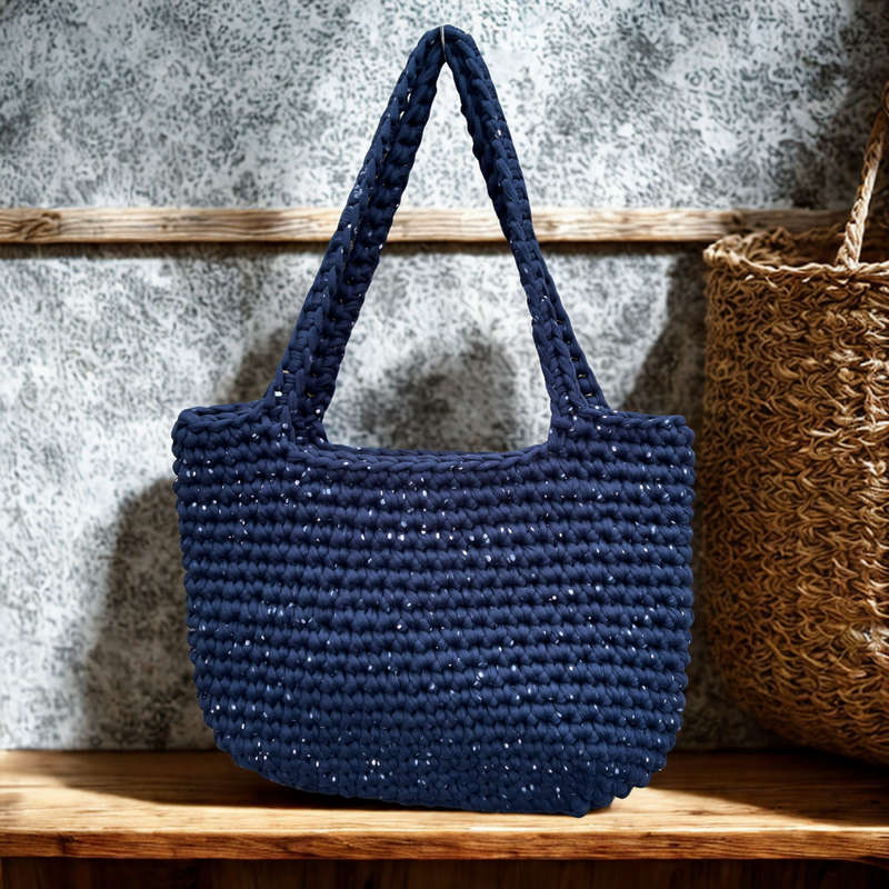 Polka Dot Crochet Tote - Navy Blue & Pink