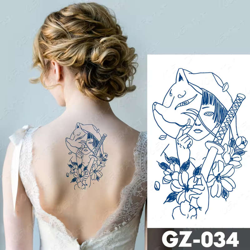 Geisha Sword and Florals Temporary Tattoo