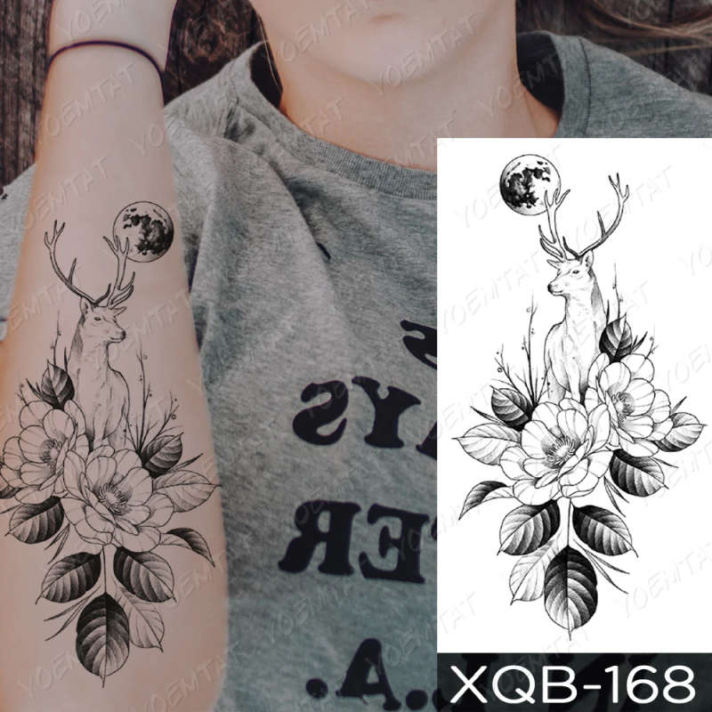 Mystical Stag and Floral Moon Tattoo