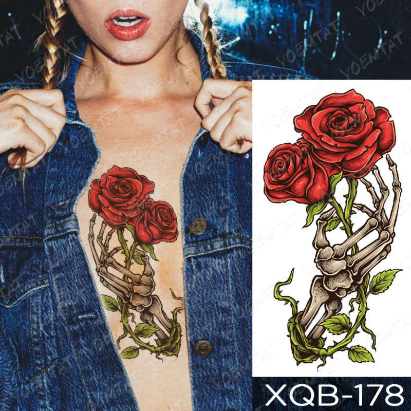 Red Rose Skeleton Hand Temporary Tattoo