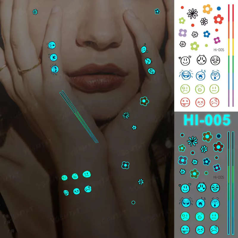 Playful Emoji and Flower Glow-In-The-Dark Temporary Tattoos