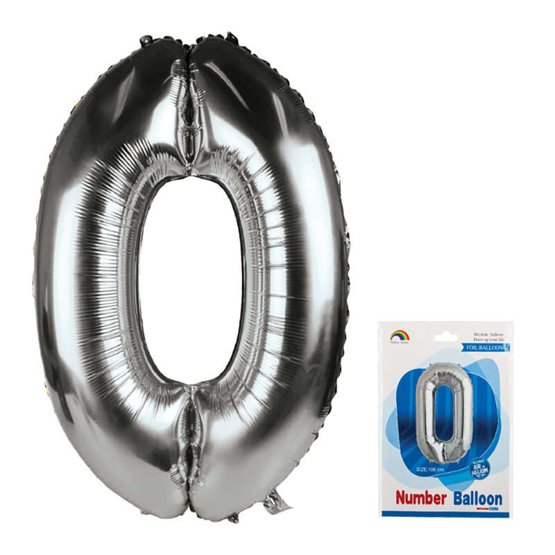 "Balloon - Aluminium Foil - Metallic Silver - Number 0 - 106cm - 10 Pack"