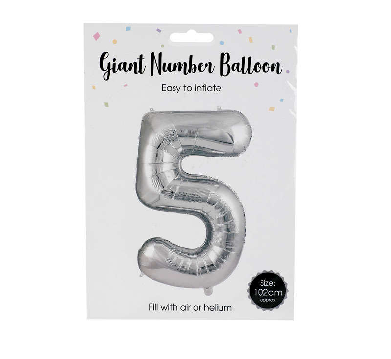 "Balloon - Aluminium Foil - Metallic Silver - Number 5 - 106cm - 12 Pack"