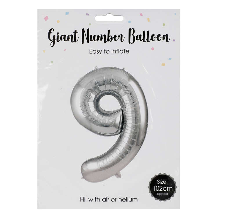 "Balloon - Aluminium Foil - Metallic Silver - Number 9 - 106cm - 3 Pack"