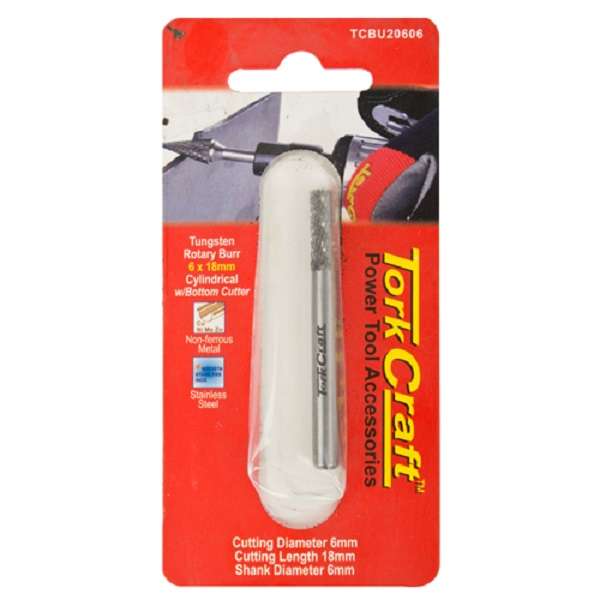 Tork Craft - Rotary Burr Tungsten 6x18x6mm Cyl.W/Bottom Cutter - 2 Pack