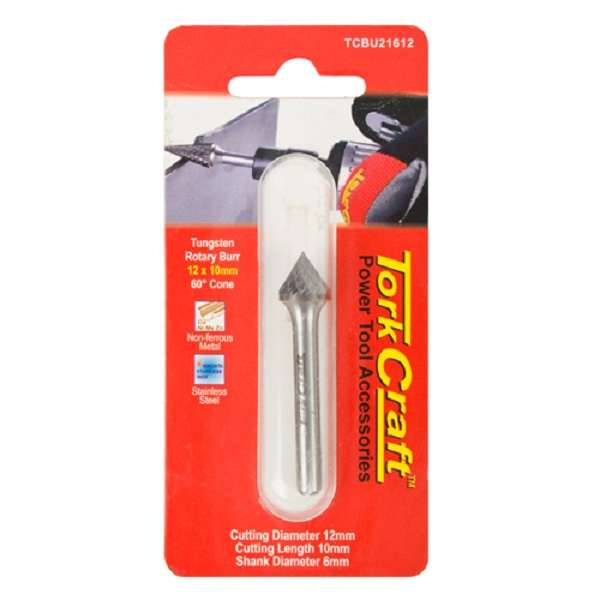 Tork Craft - Rotary Burr Tungsten 12x10x6mm 60 Degree Cone - 2 Pack