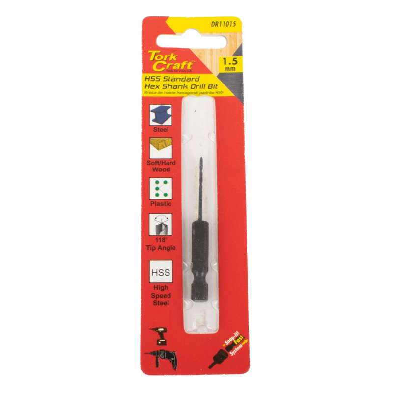 Tork Craft - Drill Bit Hss Standard 1.5mm Hex Shank 1/Card - 8 Pack