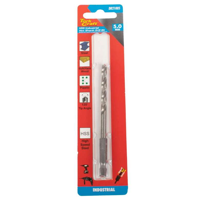 Tork Craft - Drill Bit Hss Industrial 5.0mm 135Deg Hex Shank - 2 Pack