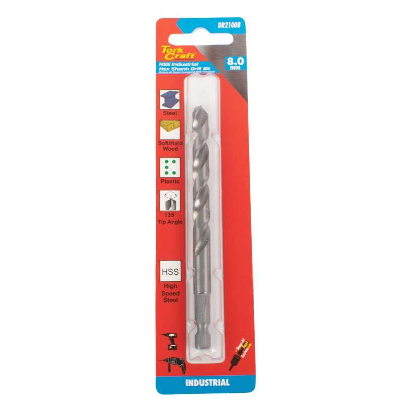 Tork Craft - Drill Bit Hss Industrial 8.0mm 135Deg Hex Shank - 2 Pack