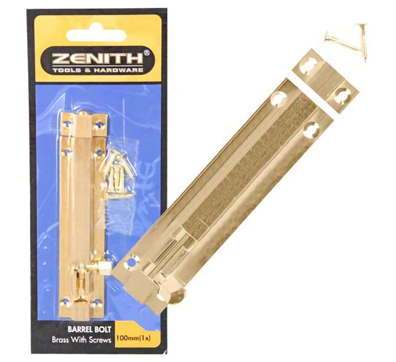 Barrel-Bolt+Screws Brass 100mm - 2 Pack