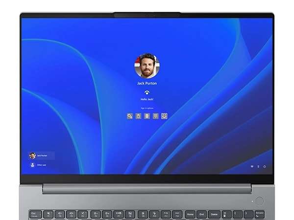 Close up of the display showing Windows 11 login screen on the Lenovo ThinkBook 16 Gen 6 laptop.