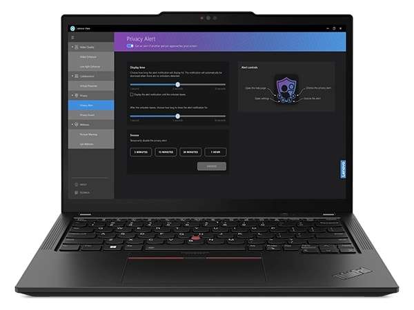 Front-view of Lenovo ThinkPad X13 Gen 5 laptop, open 90 degrees, showing privacy alert screen.