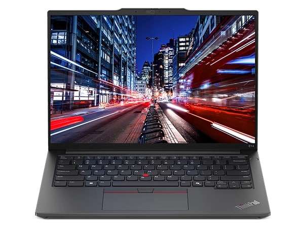 Front facing Lenovo ThinkPad E14 Gen 6 (14â Intel) laptop, opened, showing display and keyboard.
