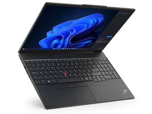 Left side view of Lenovo Lenovo ThinkPad E16 Gen 2 (16â Intel) laptop, opened, showing display and keyboard.