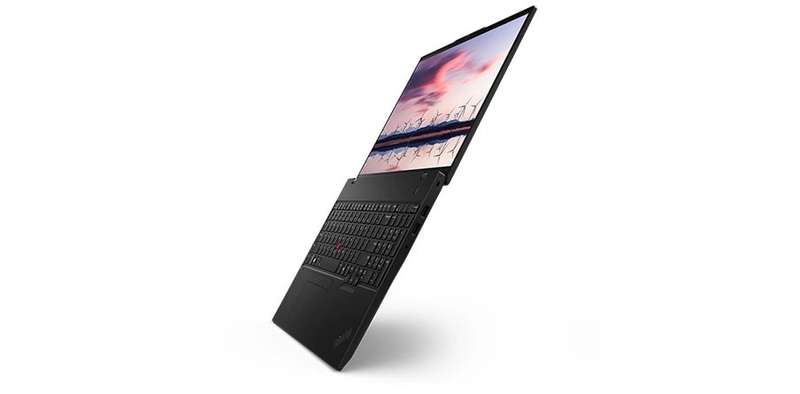 Lenovo ThinkPad L16 laptop, open 180 degrees, angled to show display & keyboard