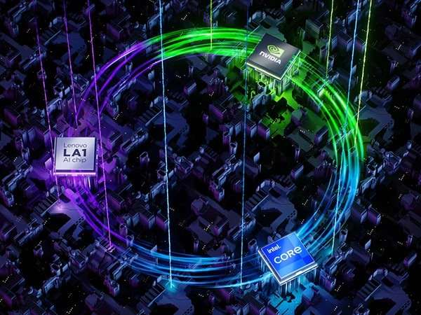 Closeups of LA1 AI chip, IntelÂ® Coreâ¢ CPU, and NVIDIAÂ® GPU in a circle, with lines illustrating dynamic settings adjustment within a Lenovo LOQ 15IRX9 gaming laptop