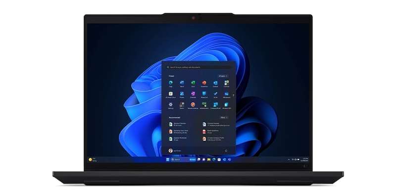 Front-faced Lenovo ThinkPad L14 Gen 5 laptop with home screen on display.