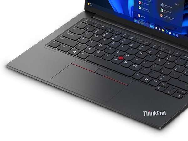 Closeup shot of Lenovo ThinkPad E14 Gen 6 (14â Intel) laptop, opened showing keyboard and trackpad.