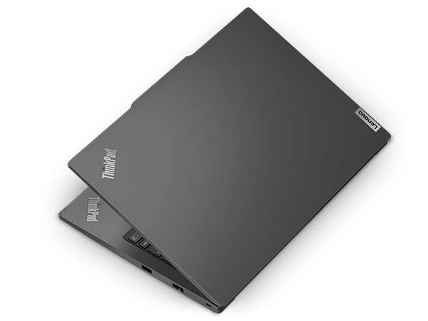 Overhead view of Lenovo ThinkPad E14 Gen 6 (14â Intel) laptop, slightly open, showing top cover.
