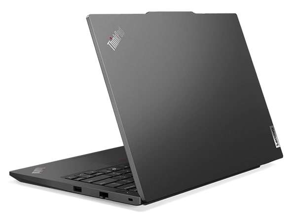 Rear side view of Lenovo ThinkPad E14 Gen 6 (14â Intel) laptop, opened slightly, showing top cover and part of keyboard.