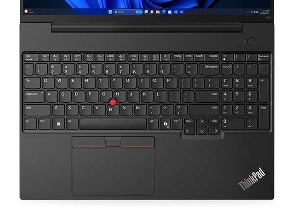 Closeup shot of Lenovo Lenovo ThinkPad E16 Gen 2 (16â Intel) laptop, opened showing keyboard and trackpad.