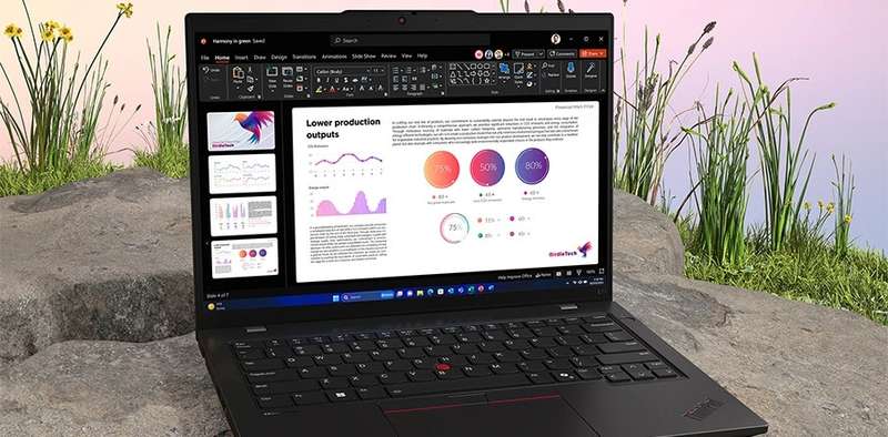 Editing document on the Lenovo ThinkPad L14 Gen 5 laptop, stationed outdoors.