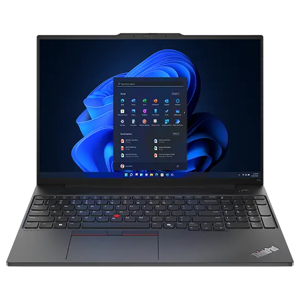 Front facing Lenovo ThinkPad E16 Gen 2 (16â Intel) laptop, opened, showing display and keyboard.