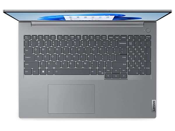 Overhead shot of keyboard with numeric pad on the Lenovo ThinkBook 16 Gen 6 laptop.