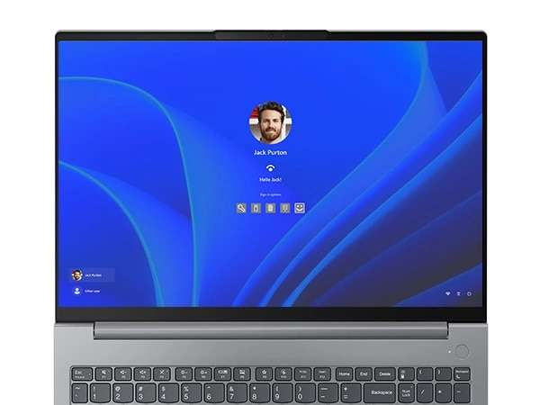 Close up of the display showing Windows 11 login screen on the Lenovo ThinkBook 16 Gen 6 laptop.