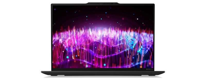 Front-facing Lenovo ThinkPad X1 Carbon Gen 12 laptop open 90 degrees, showcasing the 14Êº display with Communications Bar at top.