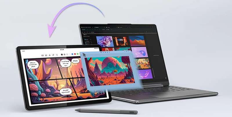 Lenovo Tab M11 tablet next to laptop with optional pen