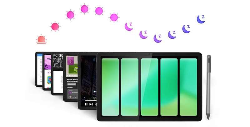 Multiple Lenovo Tab M11 tablets showcasing battery life with optional pen