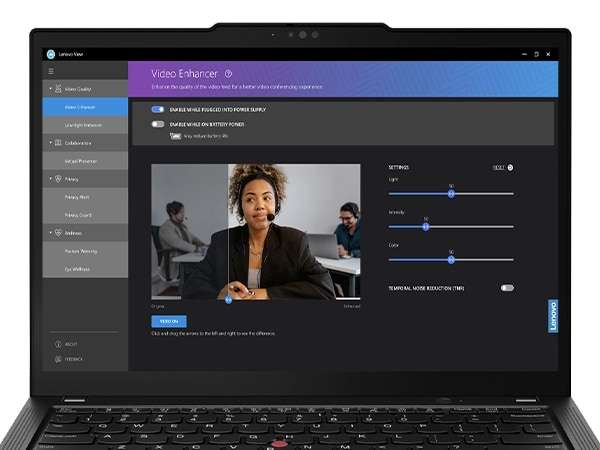 Front-view of Lenovo ThinkPad X13 Gen 5 laptop, open 90 degrees, showing video enhancer screen & keyboard.