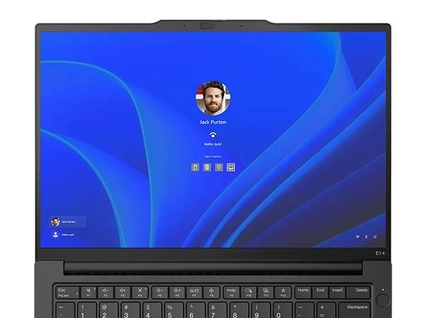 Close-up of the Lenovo ThinkPad E14 Gen 6 (14â Intel) laptopâ™s optional FHD + IR hybrid camera and display.