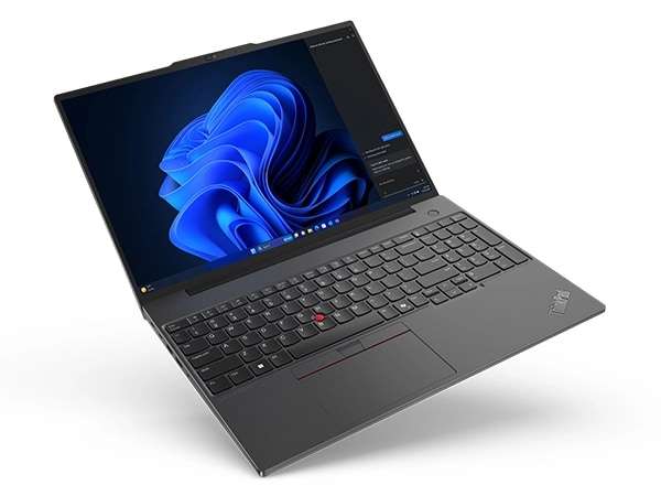 Left side view of Lenovo Lenovo ThinkPad E16 Gen 2 (16â Intel) laptop, opened 110 degrees, showing display and keyboard.