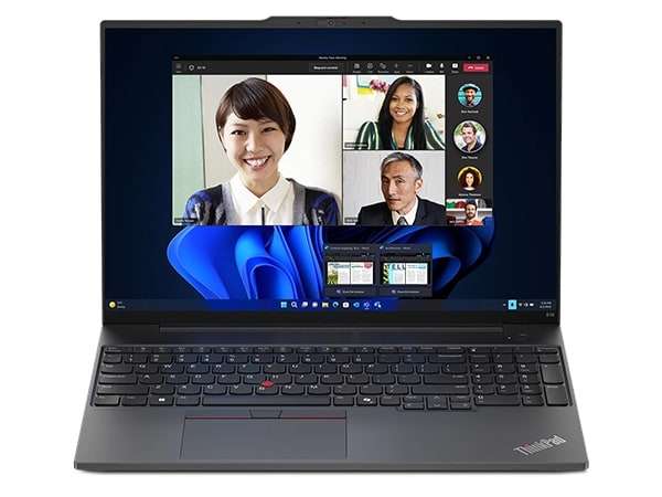 Front facing Lenovo Lenovo ThinkPad E16 Gen 2 (16â Intel) laptop, opened, showing display and keyboard.