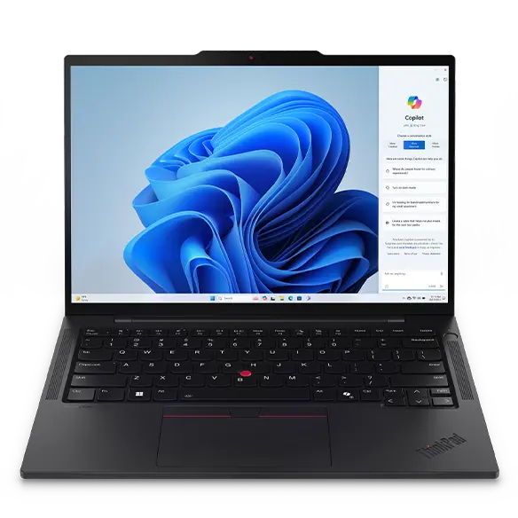 Close-up, front view of the Lenovo ThinkPad T14s Gen5 (14â Intel) Eclipse Black laptop opened 90 degrees, focusing its keyboard & display with a Windows Copilot menu opened on the screen.