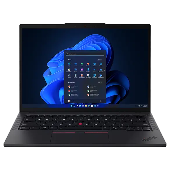 Close-up, front, right side view of the Lenovo ThinkPad T14 Gen 5 (14 inch Intel) Eclipse Black laptop opened at a wide angle, focusing its keyboard & display with Windows 11 Pro menu opened on the screen.