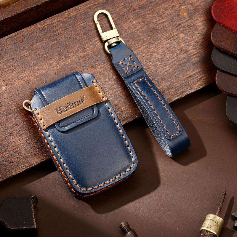 Hallmo Car Cowhide Leather Key Protective Cover Key Case for Land Rover Discovery 5 B Style(Blue)