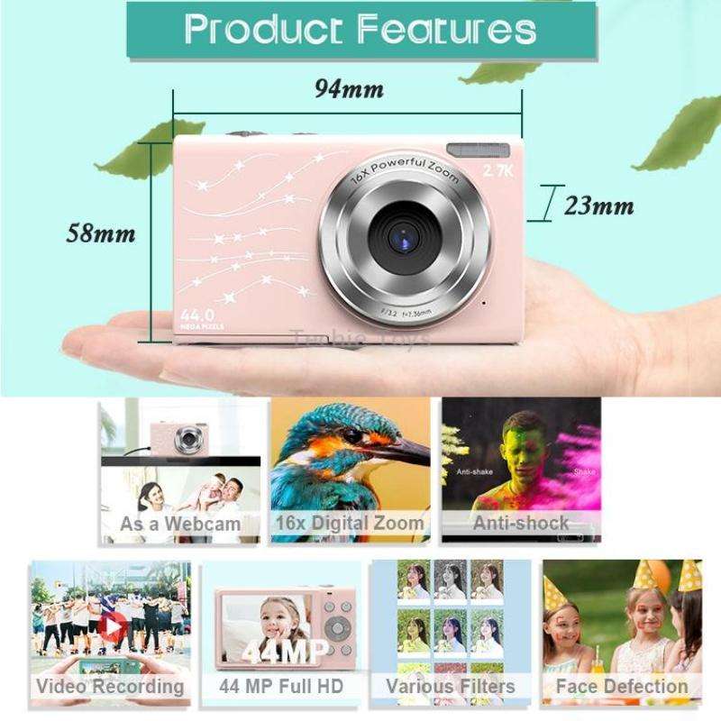 DC402 2.4 inch 44MP 16X Zoom 2.7K Full HD Digital Camera Children Card Camera, UK Plug (Pink)