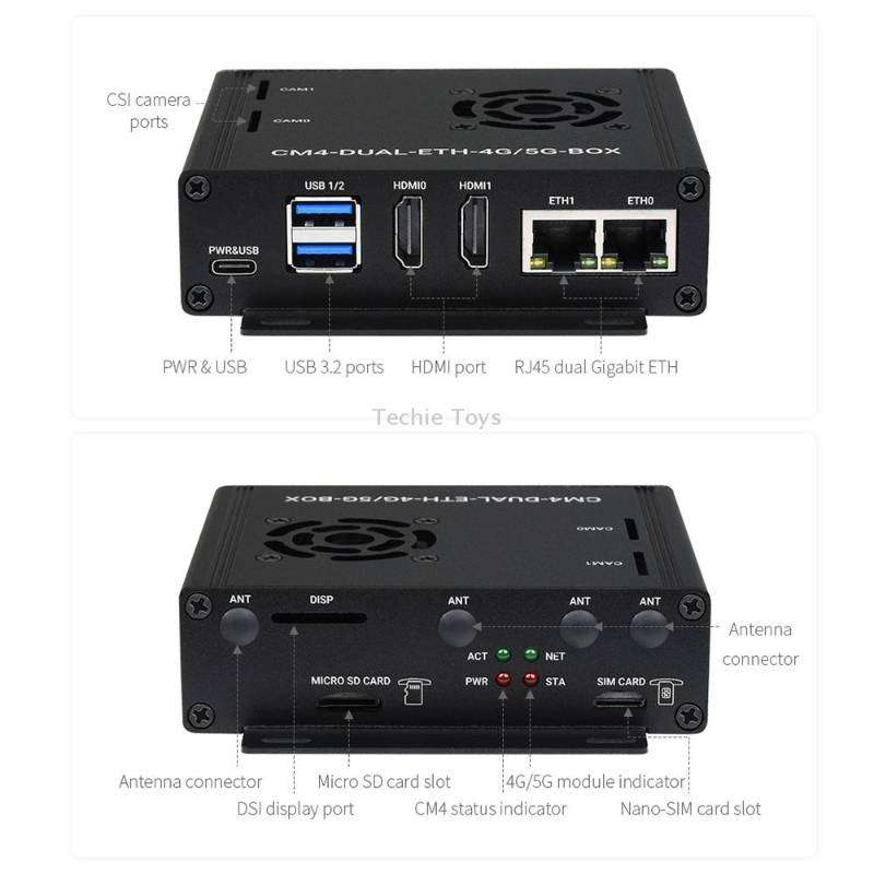 Waveshare Dual Gigabit Ethernet 5G/4G Computer Box with Cooling Fan for Raspberry Pi CM4(US Plug)