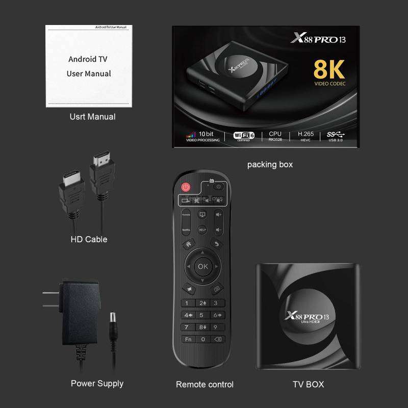 X88 Pro 13 Android 13.0 Smart TV Box with Remote Control, RK3528 Quad-Core, 4G+32GB(US Plug)